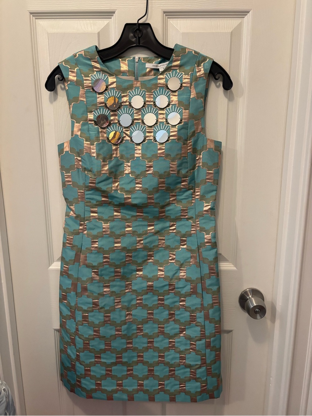 EUC Diane Von Furstenberg Teal and Gold Geometric Sheath Dress